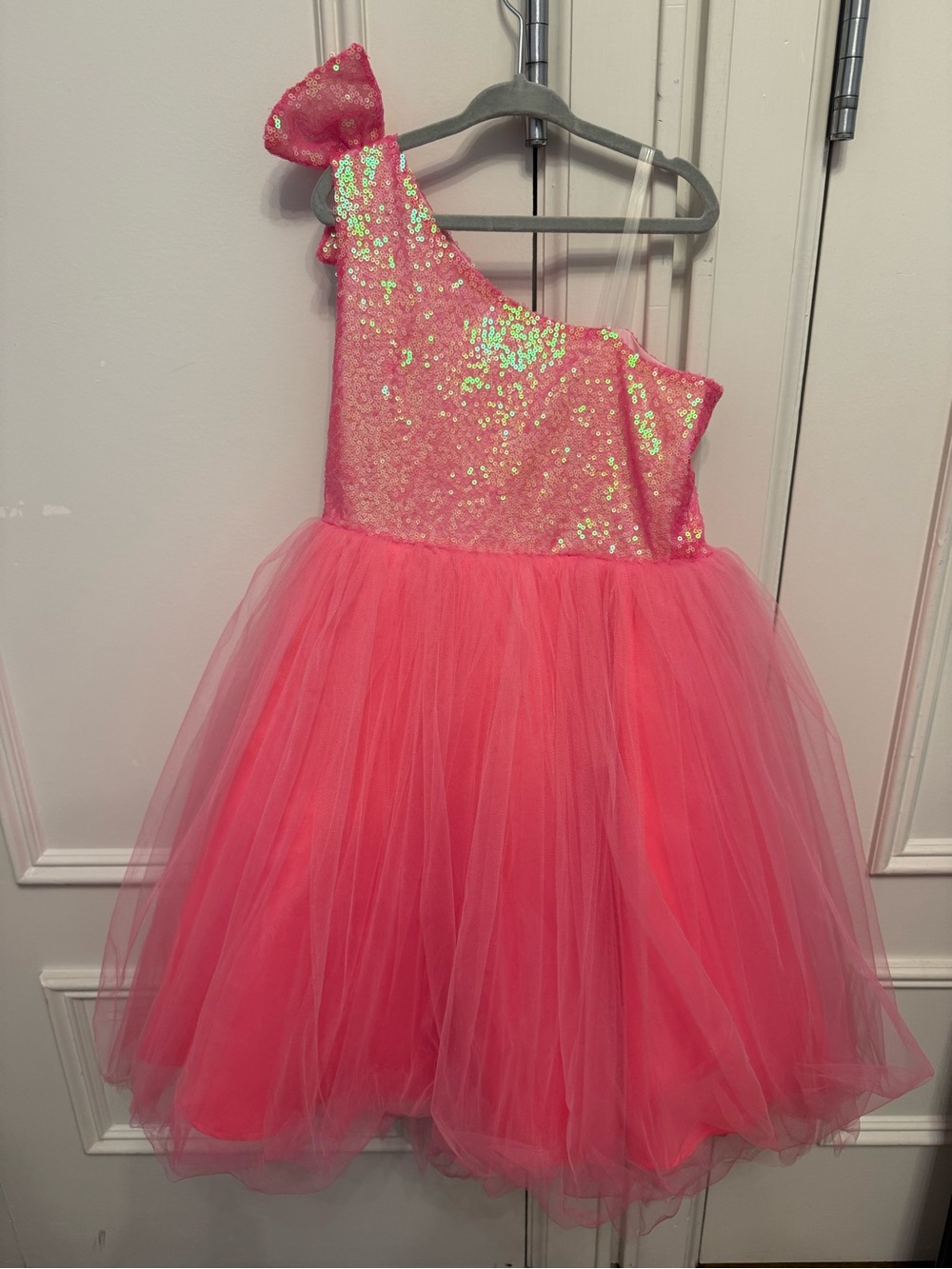 Girls custom made One-Shoulder Sequin Tulle Party Dress - Pink
